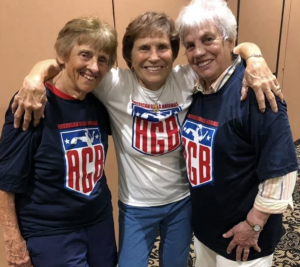 All-American Girls Professional Baseball League players Jeneane Lesko, Grand Rapid Chicks (1953-1954); Sue Zipay, Rockford Peaches (1953-1954); and Sister Toni Palermo, Chicago Colleens (1949-1950) and Springfield Sallies (1950).